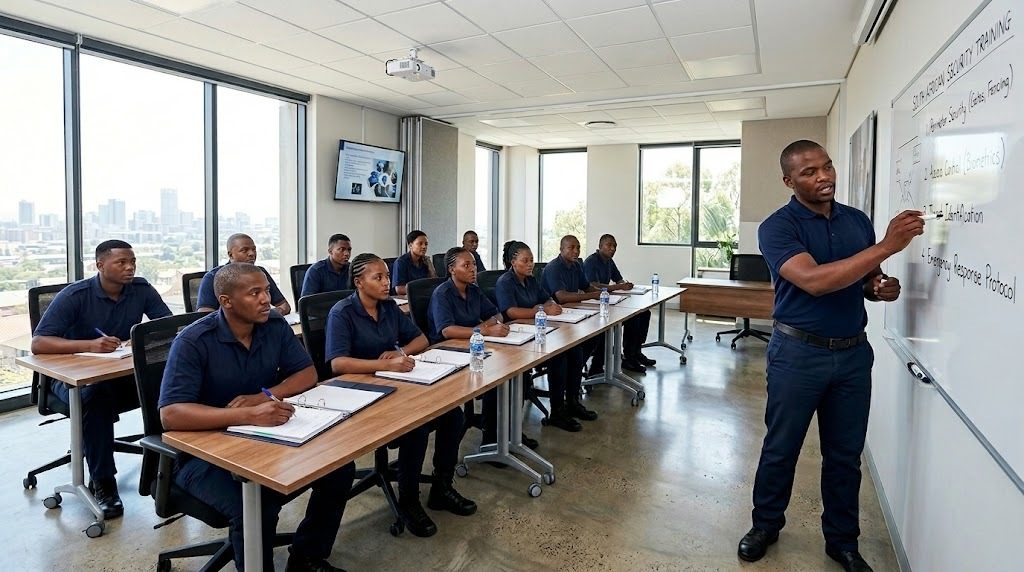 Security trainees in a classroom with an instructor