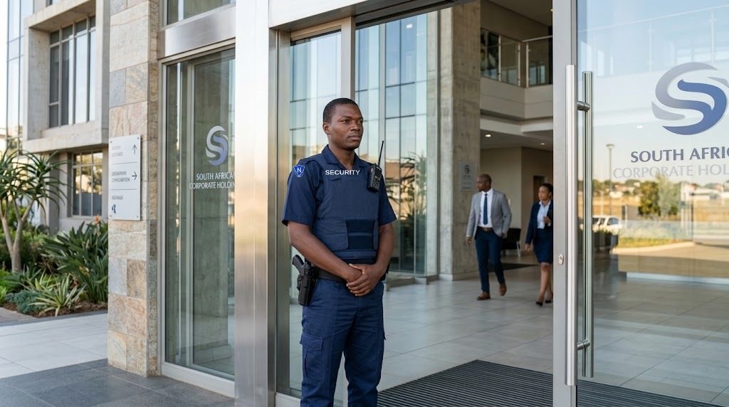 Armed Ngwasheng officer at a corporate building entrance
