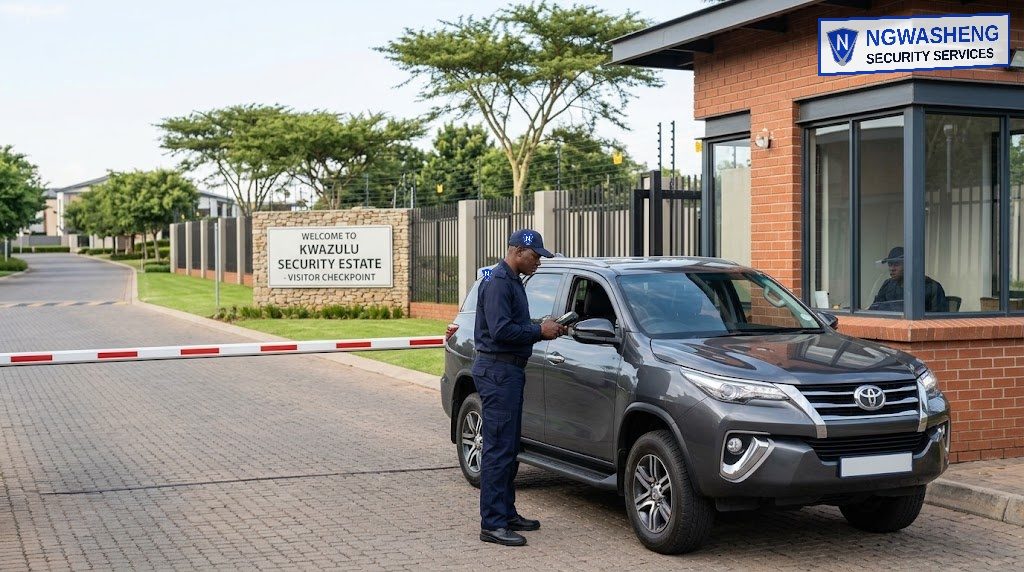 Officer checking a vehicle at an estate boom gate