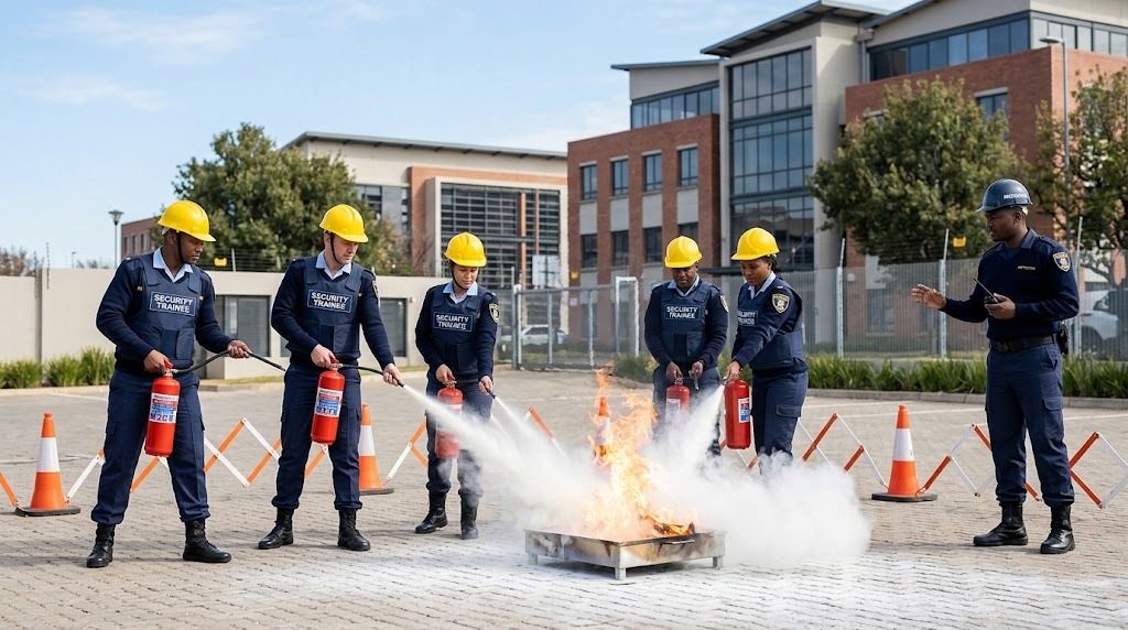 Trainees using fire extinguishers on a training fire