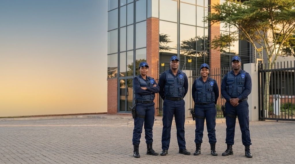 Ngwasheng armed security officers in branded uniforms outside a client building