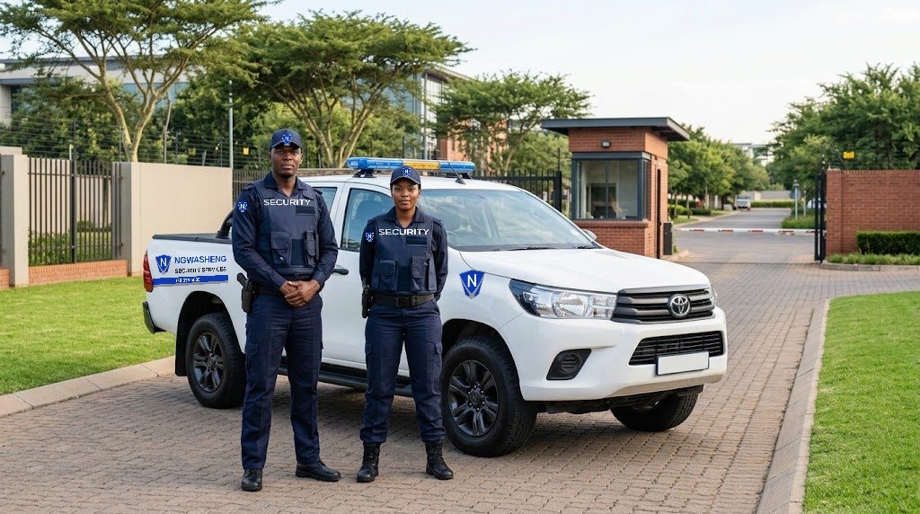 Two Ngwasheng officers beside a branded patrol bakkie