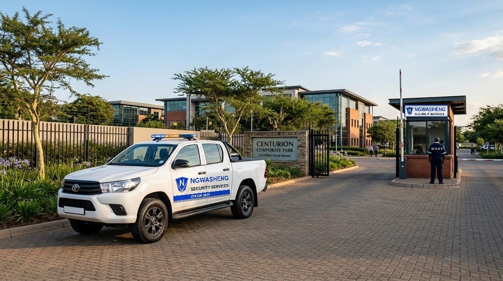 Ngwasheng patrol bakkie at a corporate park gate