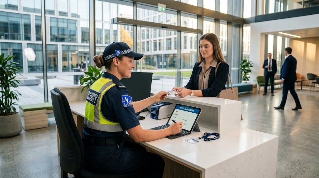 Officer checking a visitor in at a reception desk